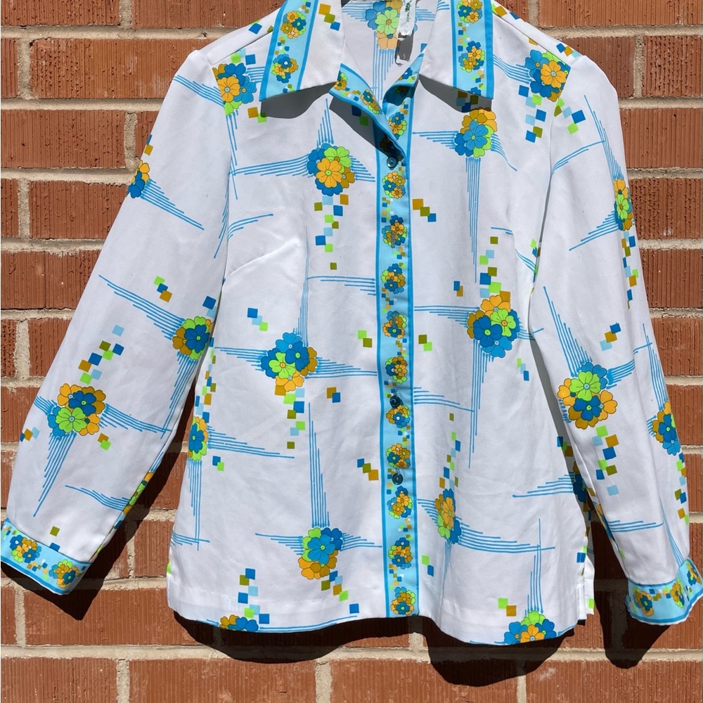 Vintage flower power blouse floral wide collar blouse